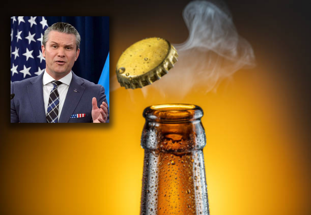 Pete "chug-a-lug" Hegseth looks longingly at a frosty tall boy beer